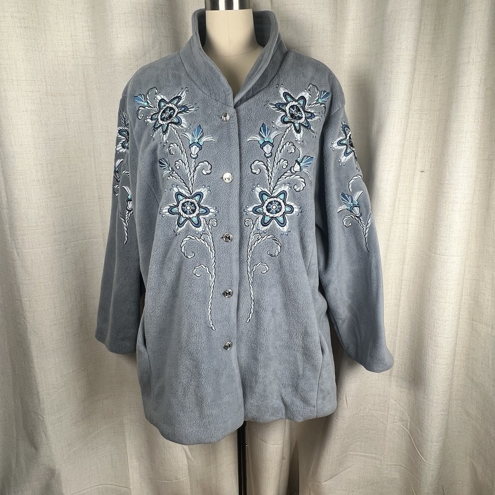 Bob Mackie Art Embroidered Fleece Jacket Plus Size 3X Blue Floral Button Front